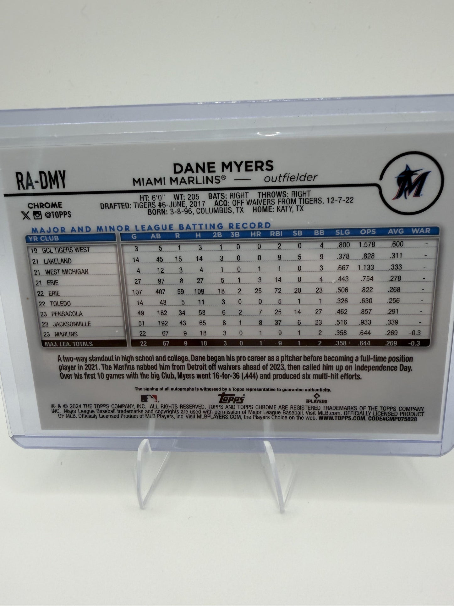2024 Topps Chrome Dane Myers RC On-Card Auto #RA-DMY Marlins Rookie Autograph