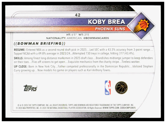 2025-26 Bowman #42 Koby Brea Rookie Card