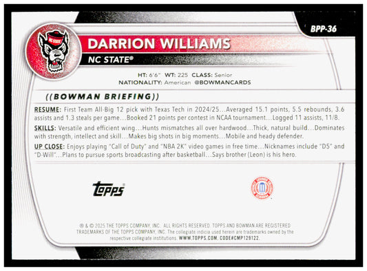 2025-26 Bowman #BPP-36 Darrion Williams Prospects