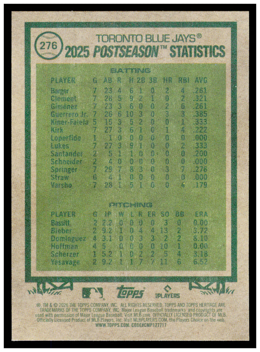 2026 Topps Heritage AL Champions Card Toronto Blue Jays #276