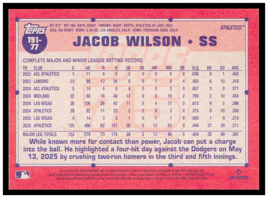 2026 Topps Jacob Wilson Card 1991 Topps Baseball 35th Anniversary Athletics