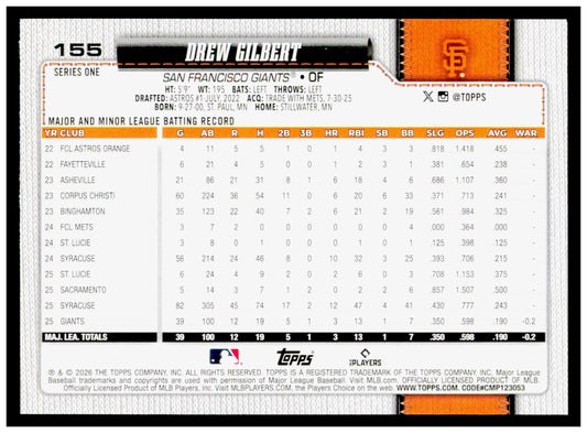 2026 Topps Drew Gilbert Card RC San Francisco Giants #155