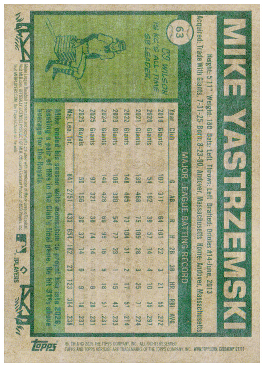 2026 Topps Heritage Mike Yastrzemski Card Kansas City Royals #63