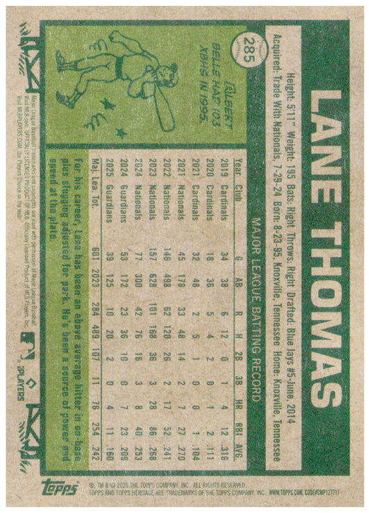 2026 Topps Heritage Lane Thomas Card Cleveland Guardians #285