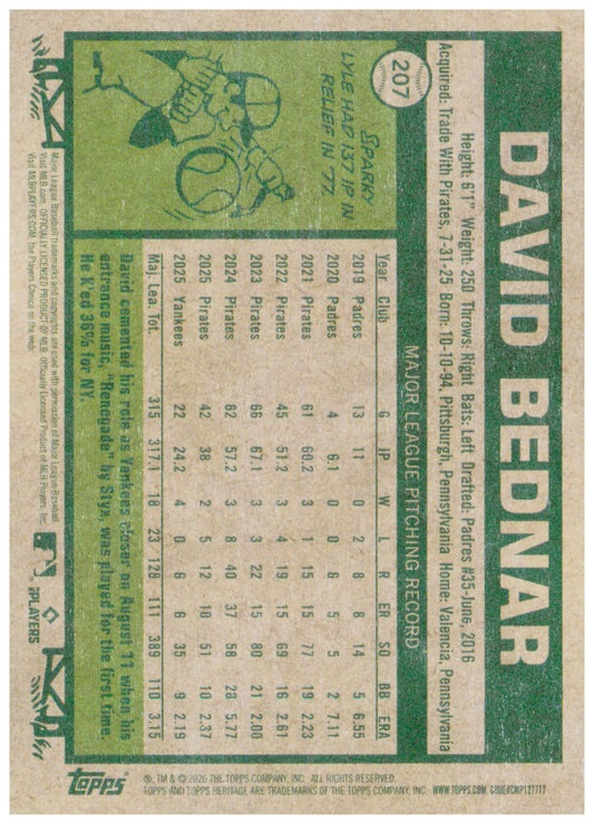 2026 Topps Heritage David Bednar Card New York Yankees #207