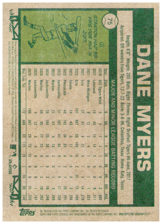 2026 Topps Heritage Dane Myers Card Miami Marlins #75