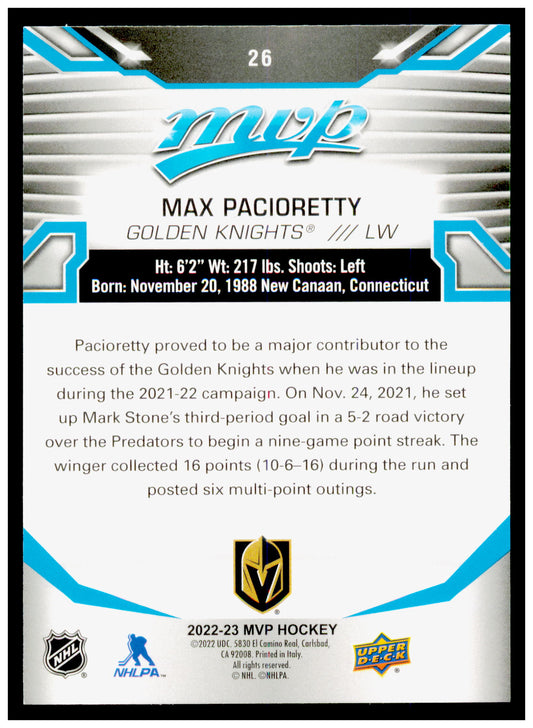 2022-23 Upper Deck MVP Max Pacioretty Card Vegas Golden Knights #26