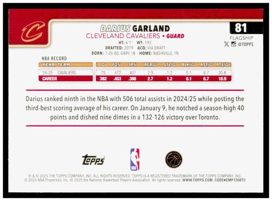 2025-26 Topps Darius Garland Card Rainbow Foilboard Cleveland Cavaliers #81