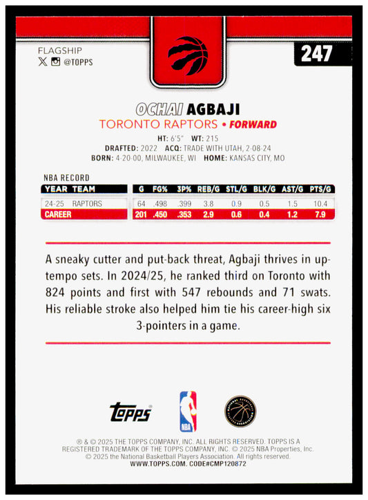 2025-26 Topps Ochai Agbaji Card Gold SN Toronto Raptors #247