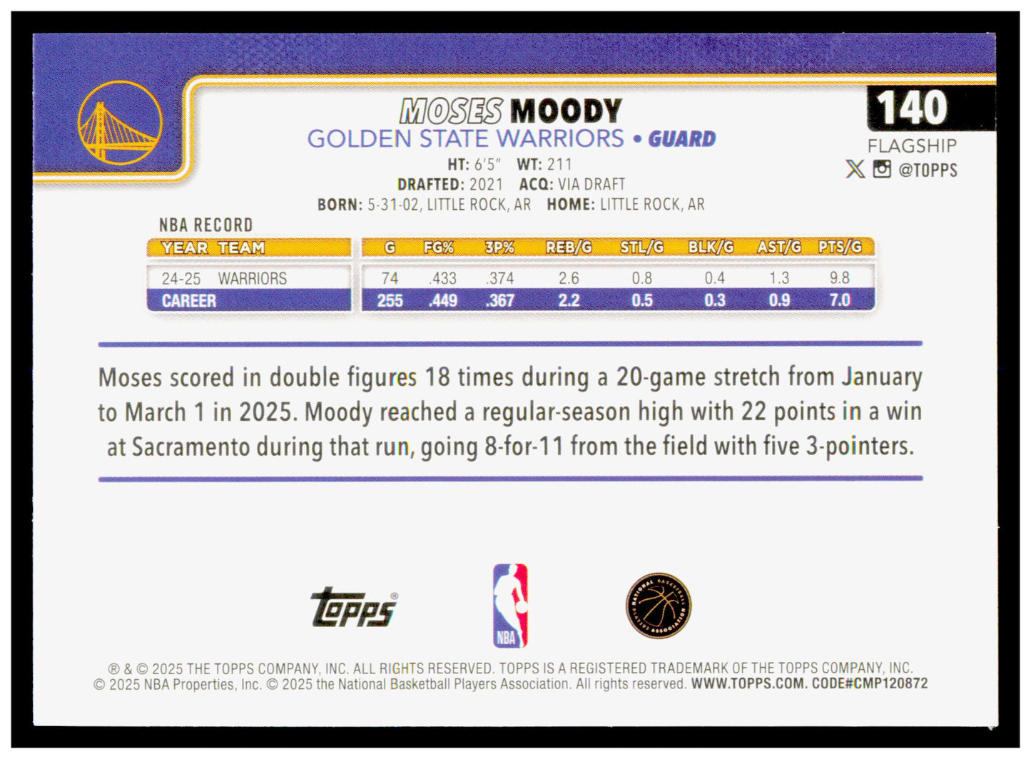 2025-26 Topps Moses Moody Card Golden State Warriors #140