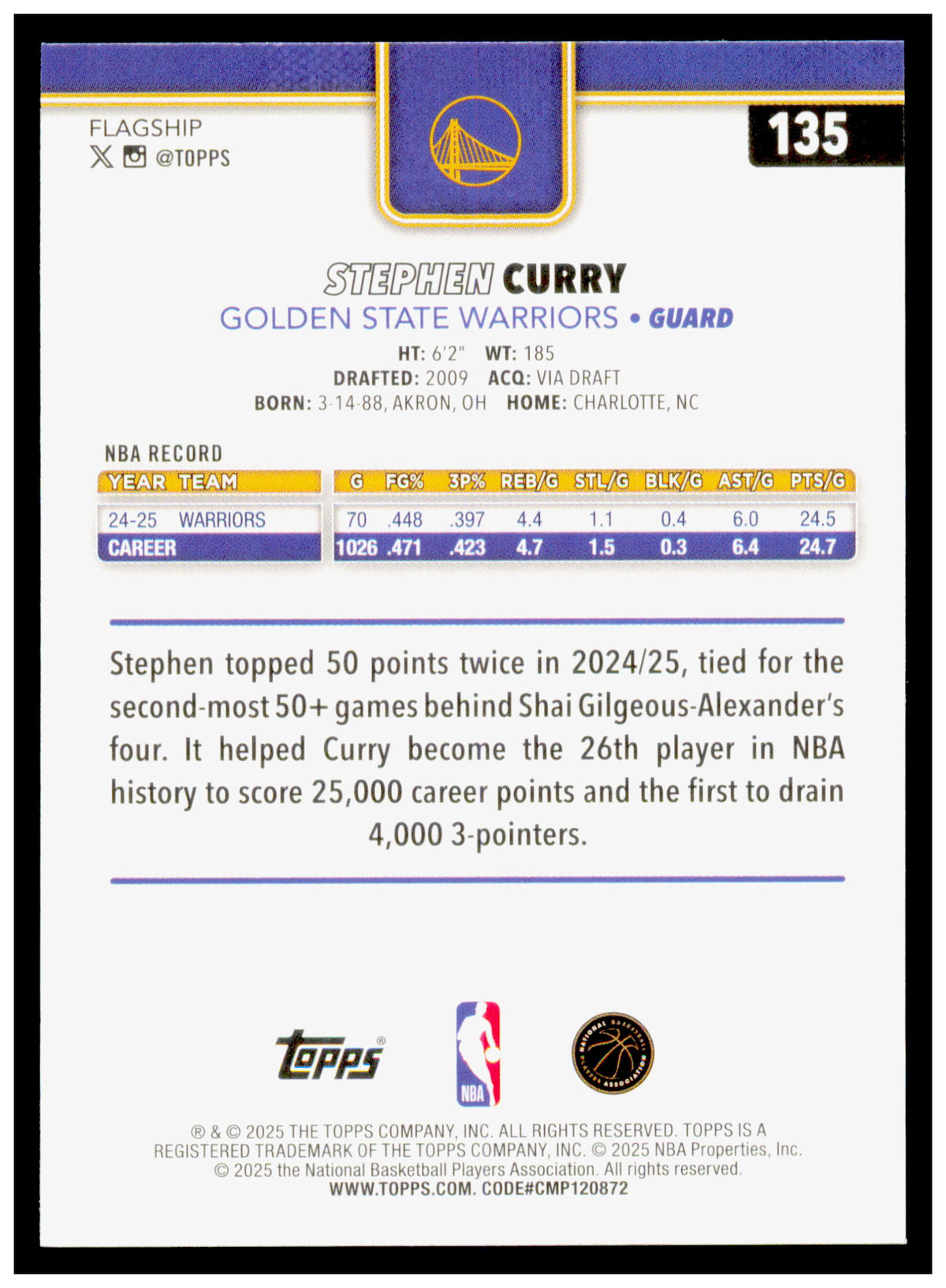 2025-26 Topps Stephen Curry Card Golden State Warriors #135