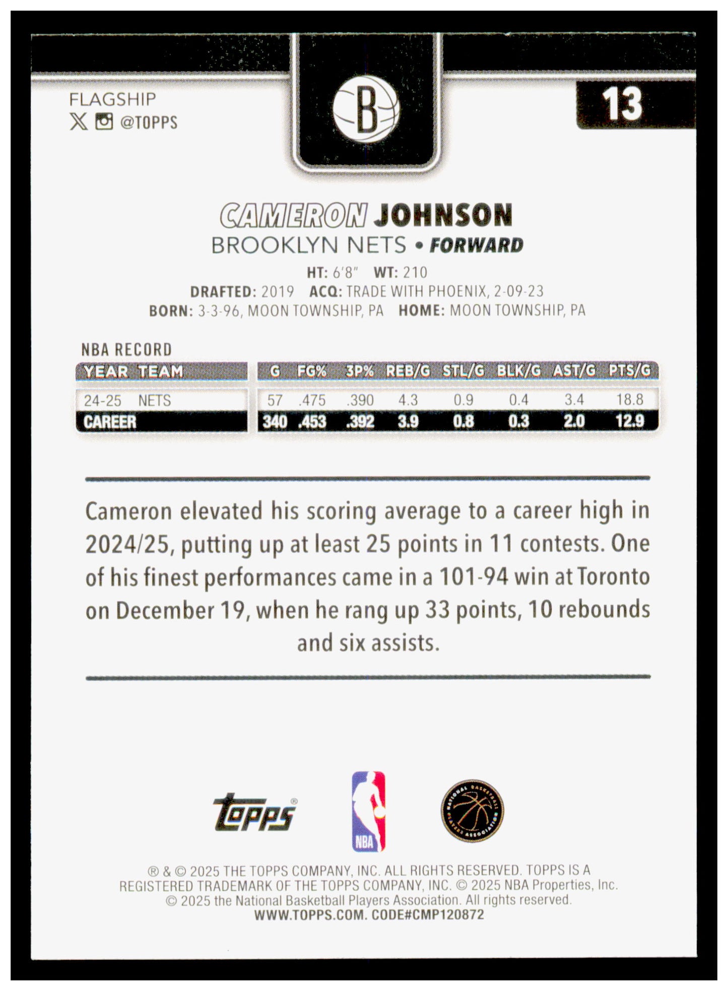 2025-26 Topps Cameron Johnson Card Brooklyn Nets #13