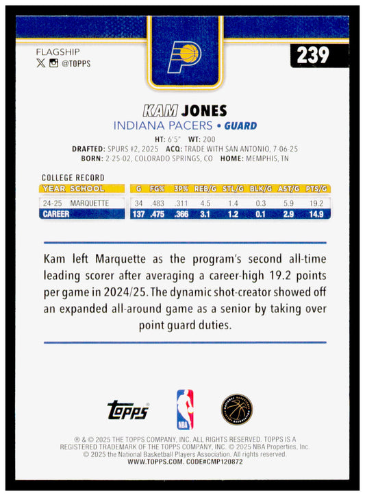 2025-26 Topps Kam Jones Card RC Indiana Pacers #239