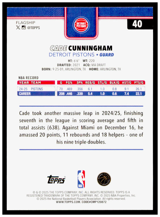 2025-26 Topps Cade Cunningham Card Detroit Pistons #40