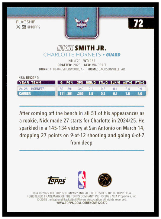 2025-26 Topps Nick Smith Jr. Card Charlotte Hornets #72