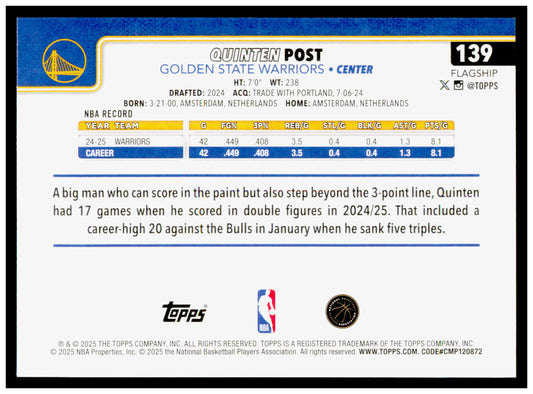 2025-26 Topps Quinten Post Card Golden State Warriors #139