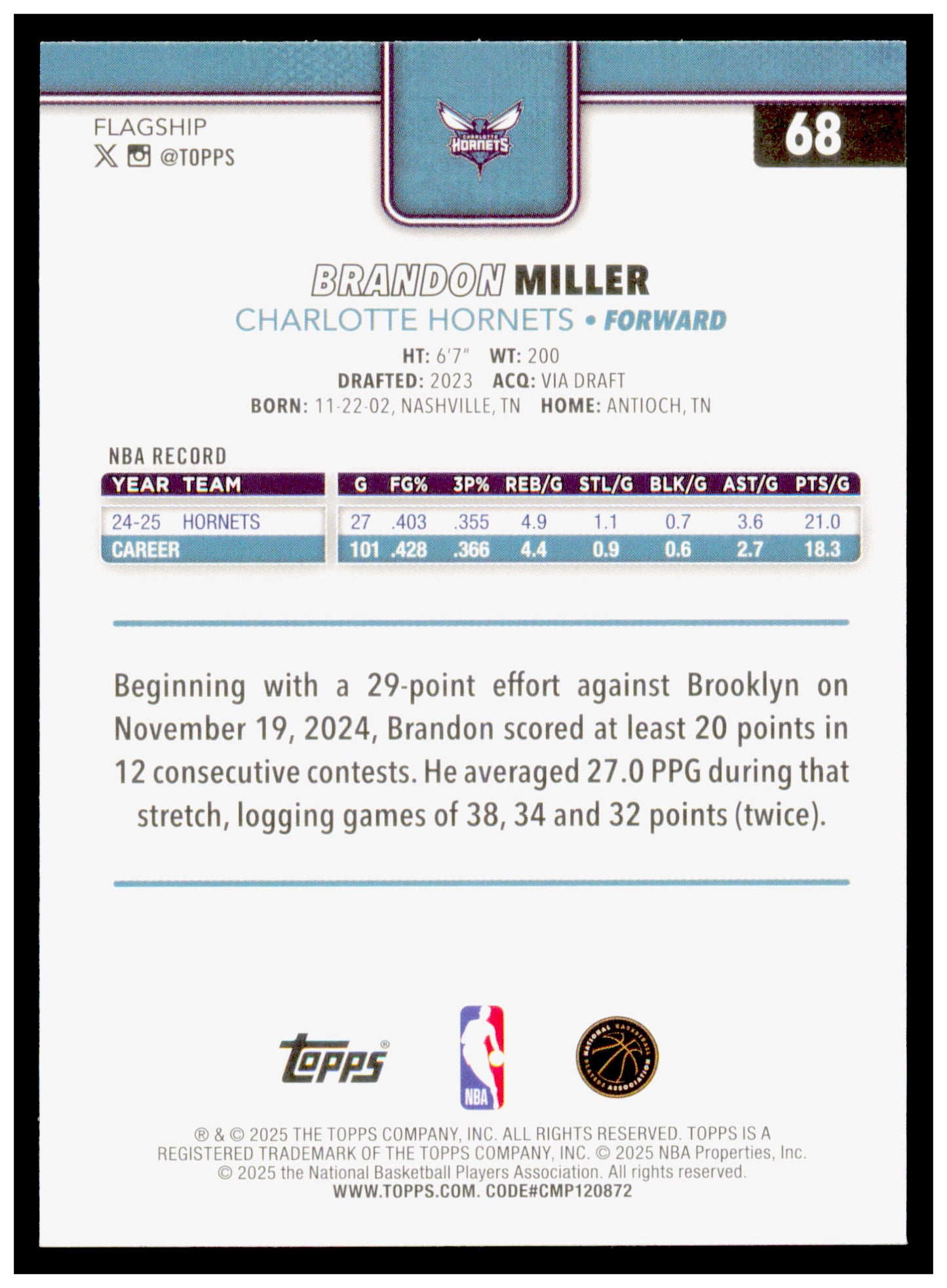 2025-26 Topps Brandon Miller Card Charlotte Hornets #68
