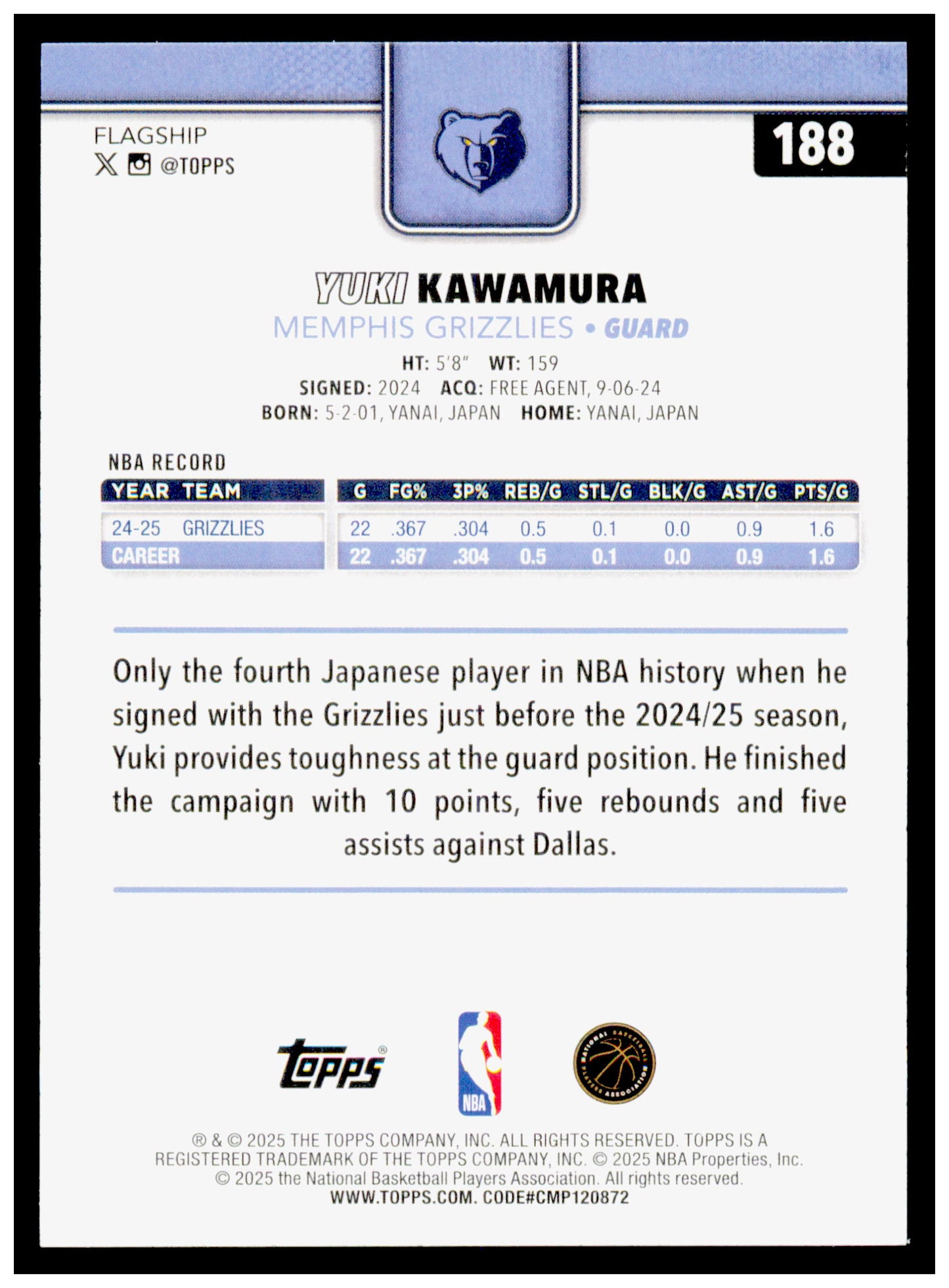 2025-26 Topps Yuki Kawamura Card Memphis Grizzlies #188