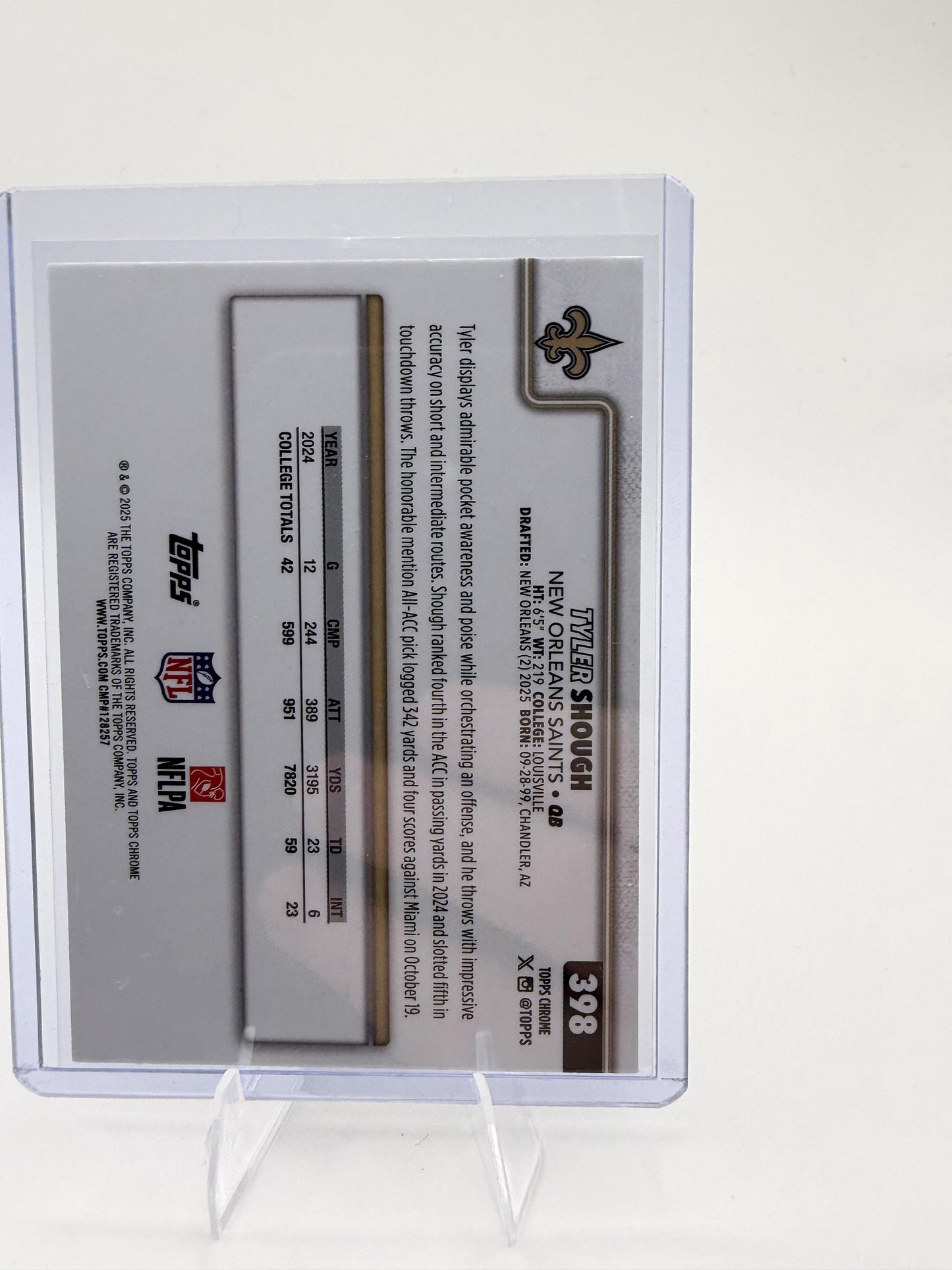 2025 Topps Chrome Tyler Shough Card RC New Orleans Saints #398