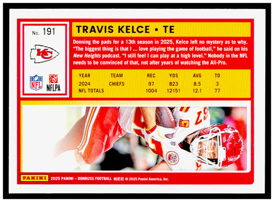 2025 Donruss Travis Kelce Card Kansas City Chiefs #191