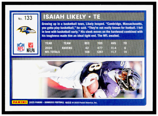 2025 Donruss Isaiah Likely Card No Name Baltimore Ravens #133