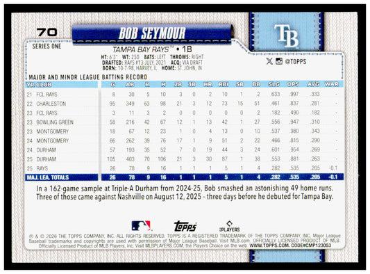 2026 Topps Bob Seymour Card RC Tampa Bay Rays #70