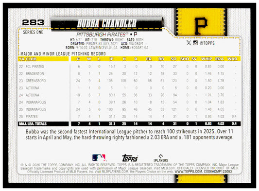 2026 Topps Bubba Chandler Card RC Pittsburgh Pirates #283