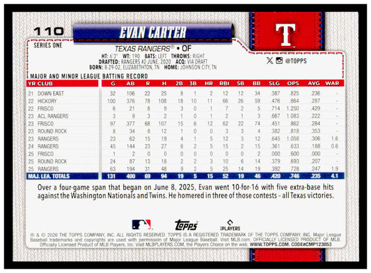 2026 Topps Evan Carter Card Texas Rangers #110
