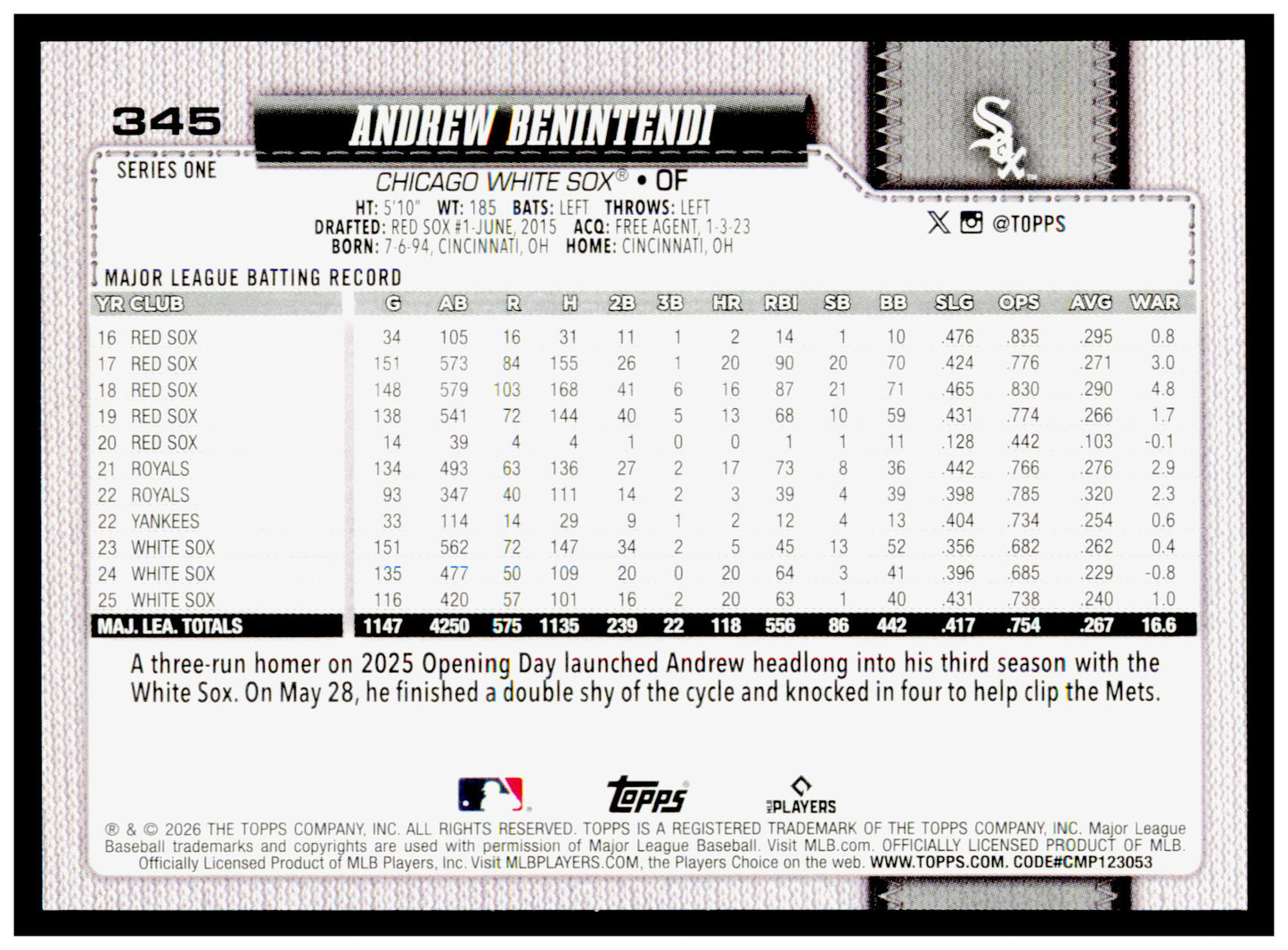 2026 Topps Andrew Benintendi Card Chicago White Sox #345