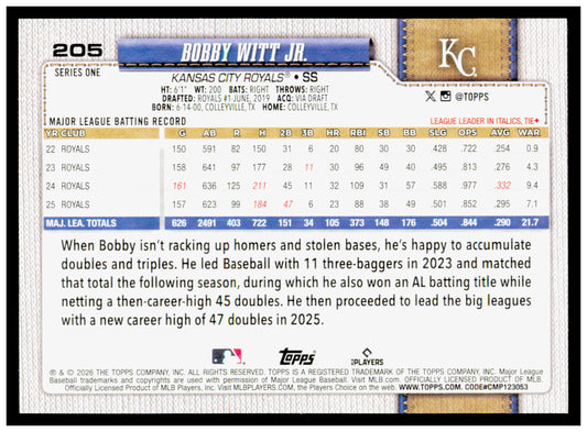 2026 Topps Bobby Witt Jr. Card Kansas City Royals #205