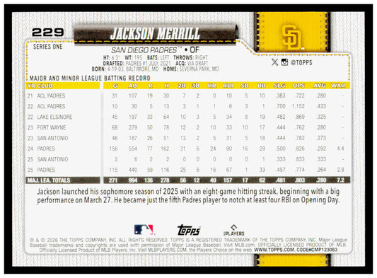 2026 Topps Jackson Merrill Card San Diego Padres #229