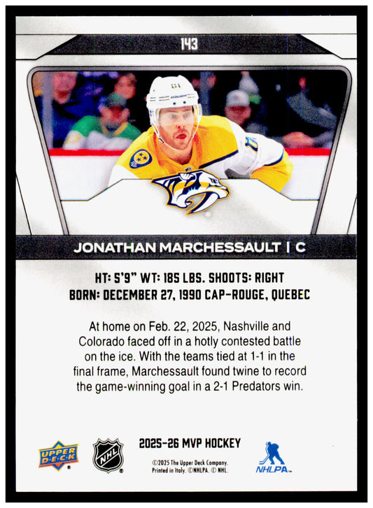 2025-26 Upper Deck MVP Jonathan Marchessault Card Nashville Predators #143