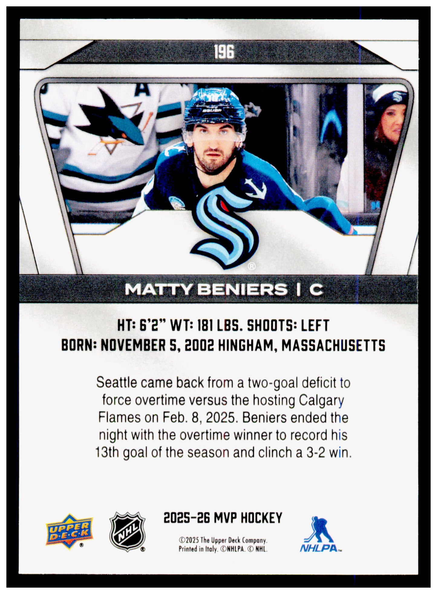 2025-26 Upper Deck MVP Matty Beniers Card Green Script Seattle Kraken #196