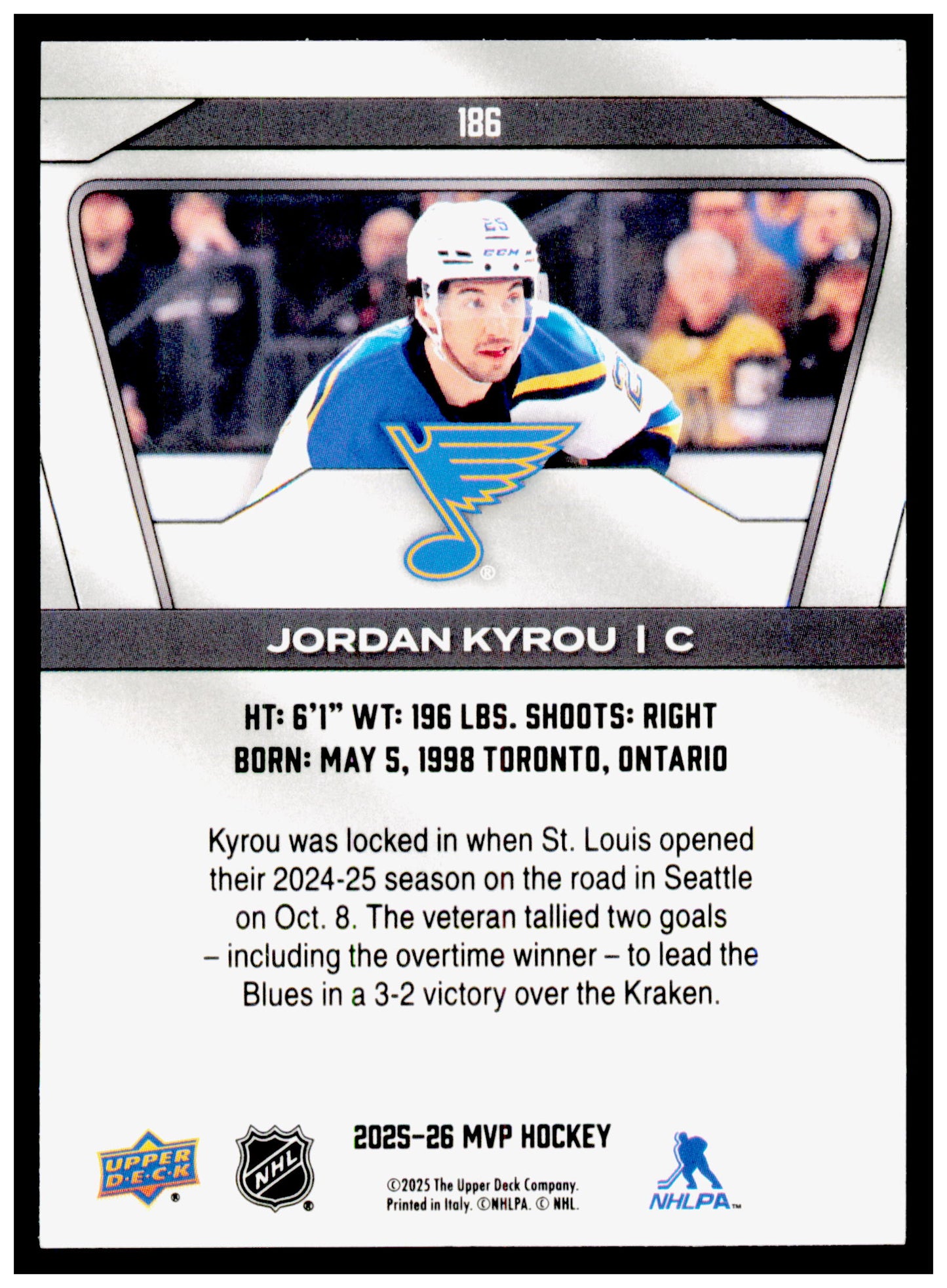 2025-26 Upper Deck MVP Jordan Kyrou Card Silver Script St. Louis Blues #186