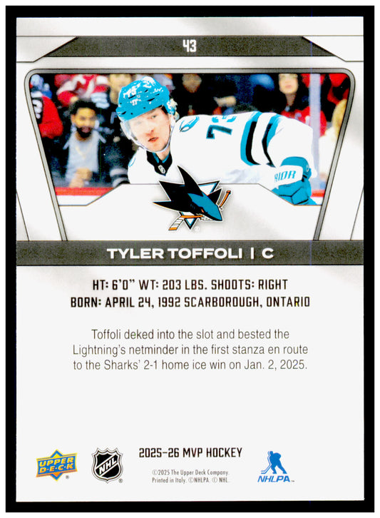 2025-26 Upper Deck MVP Tyler Toffoli Card San Jose Sharks #43