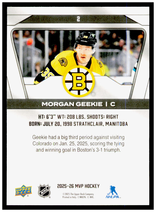 2025-26 Upper Deck MVP Morgan Geekie Card Boston Bruins #2