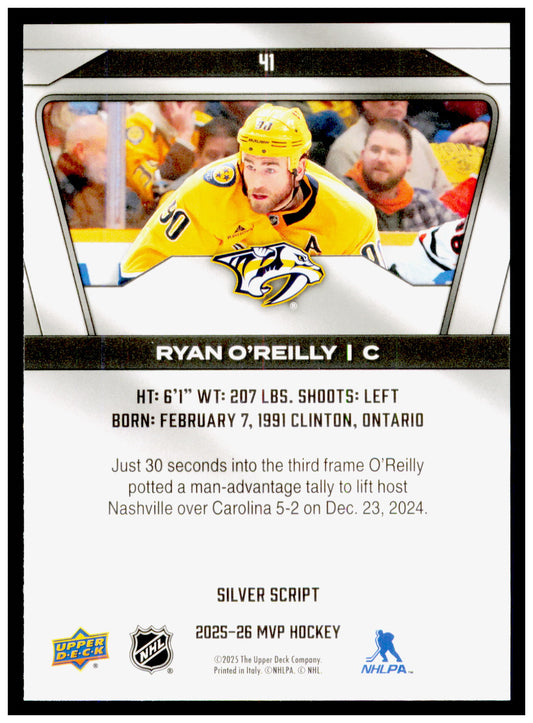 2025-26 Upper Deck MVP Ryan O'Reilly Card Nashville Predators #41