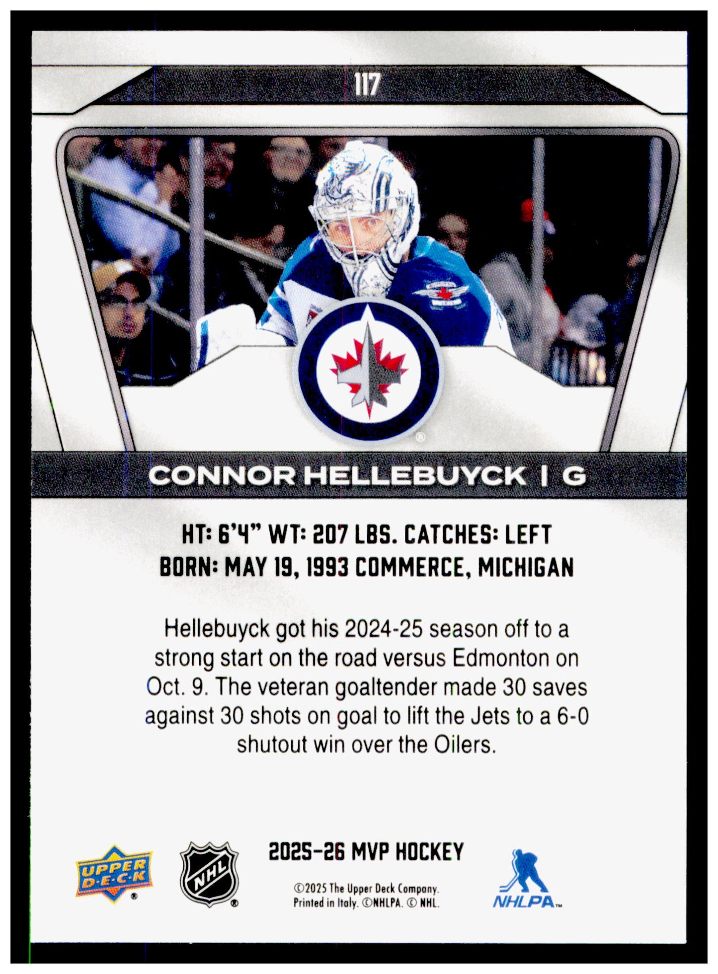 2025-26 Upper Deck MVP Connor Hellebuyck Card Green Script Winnipeg Jets #117