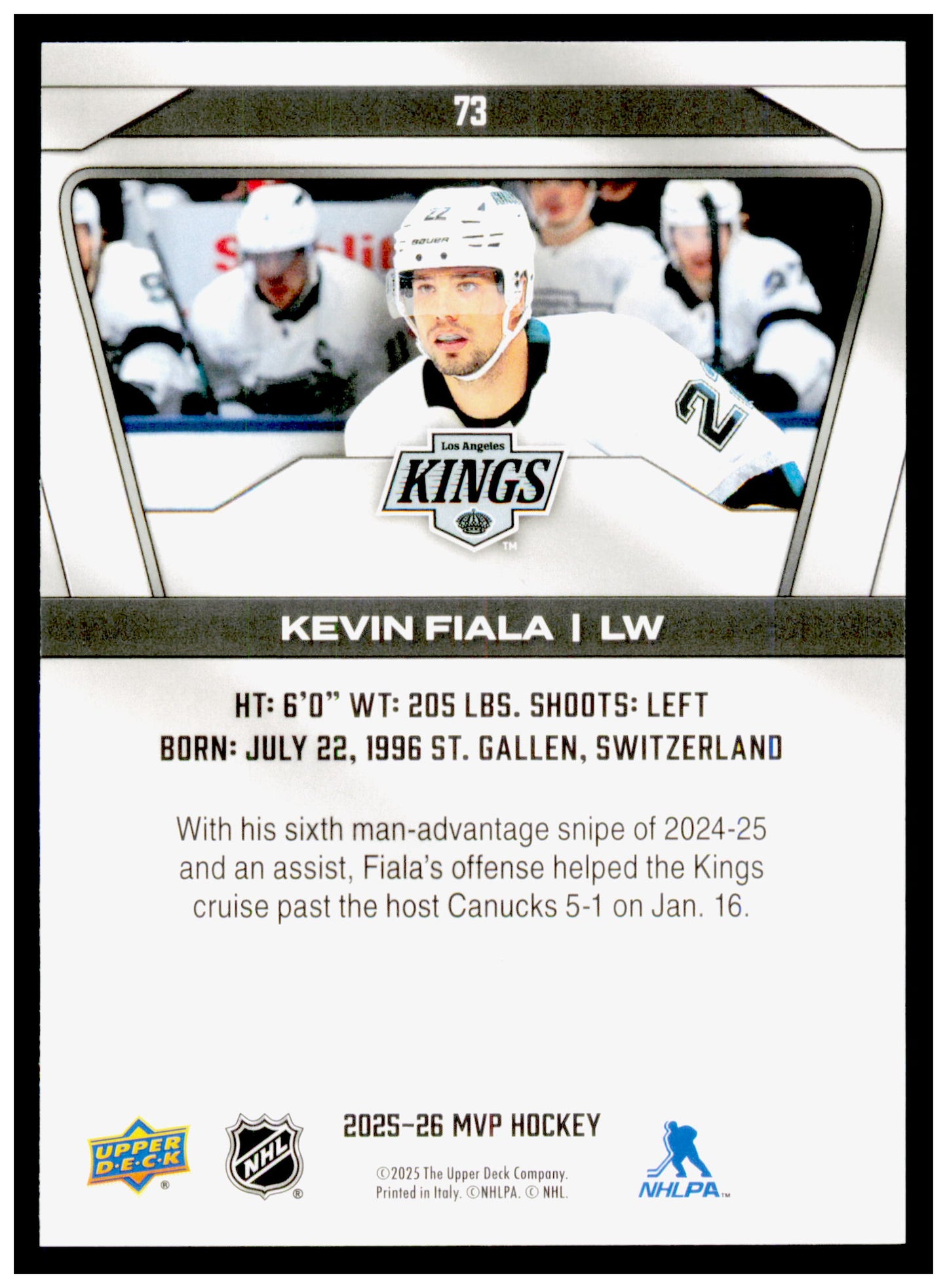 2025-26 Upper Deck MVP Kevin Fiala Card Los Angeles Kings #73