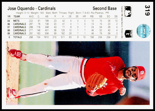 1990 Upper Deck Jose Oquendo Card St. Louis Cardinals #319