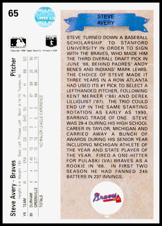 1990 Upper Deck Steve Avery Card Atlanta Braves #65
