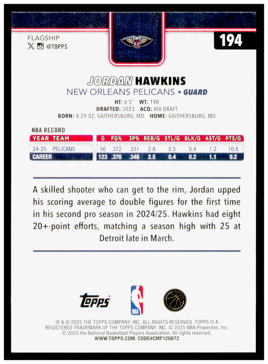 2025-26 Topps Jordan Hawkins Card New Orleans Pelicans #194