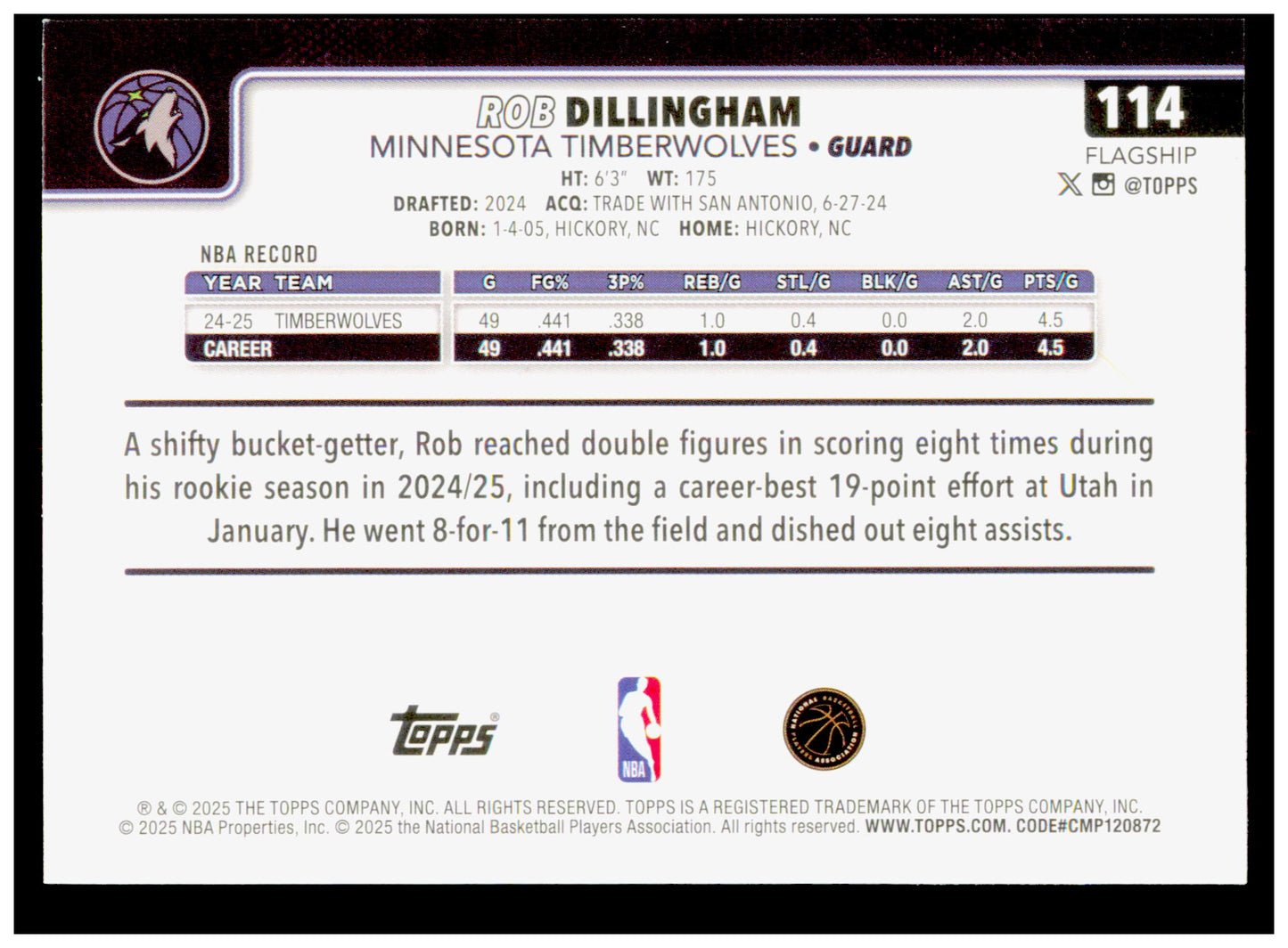 2025-26 Topps Rob Dillingham Card Minnesota Timberwolves #114