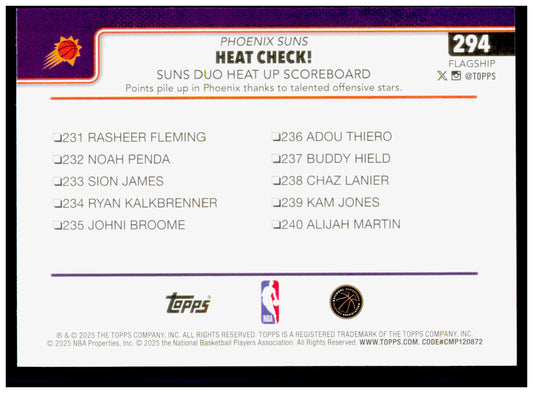 2025-26 Topps Heat Check!: Suns Duo Heat Up Scoreboard Card Phoenix Suns #294