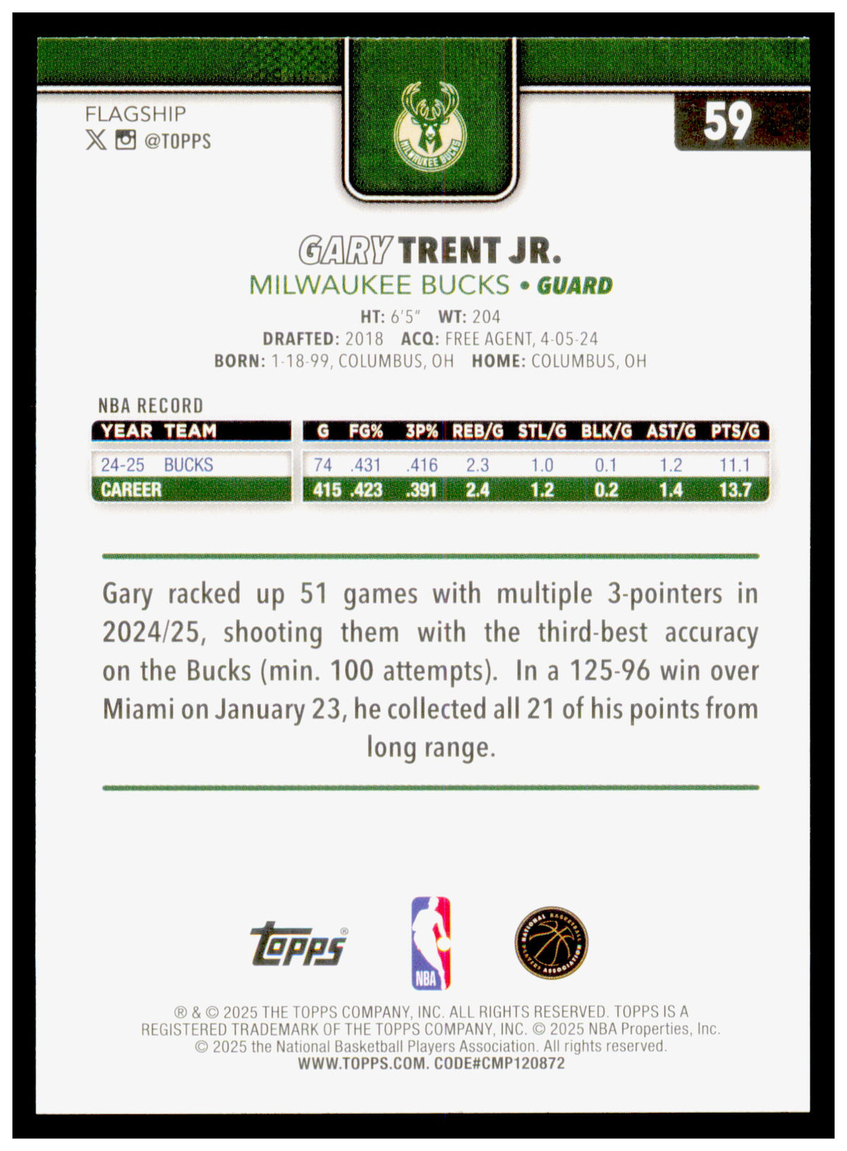 2025-26 Topps Gary Trent Jr. Card Milwaukee Bucks #59