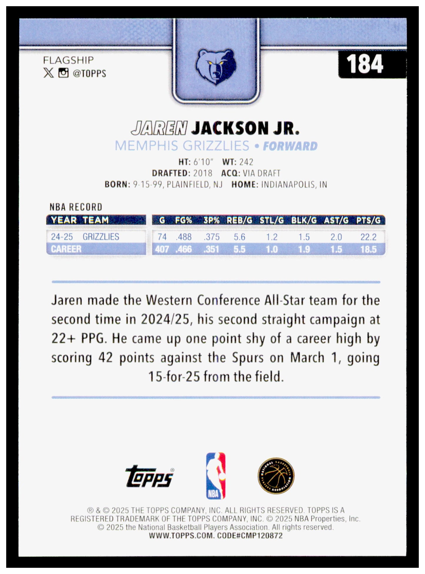 2025-26 Topps Jaren Jackson Jr. Card Memphis Grizzlies #184