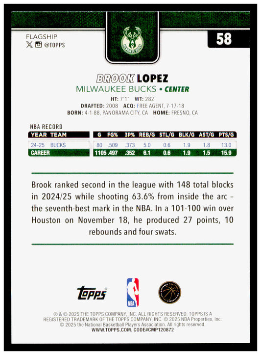 2025-26 Topps Brook Lopez Card Milwaukee Bucks #58