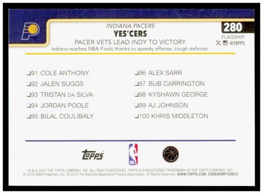 2025-26 Topps Yes'Cers: Pacer Vets Lead Indy To Victory Card Indiana Pacers #280