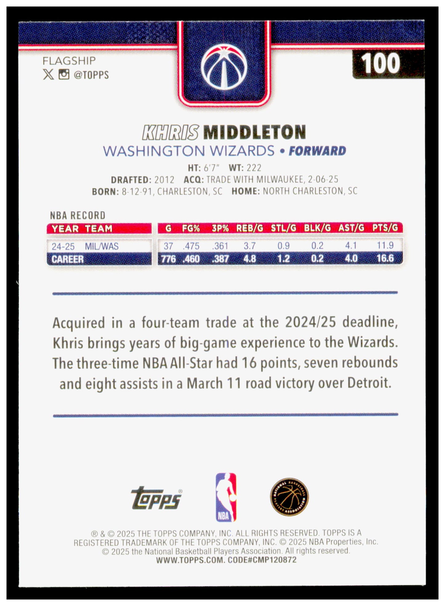 2025-26 Topps Khris Middleton Card Washington Wizards #100