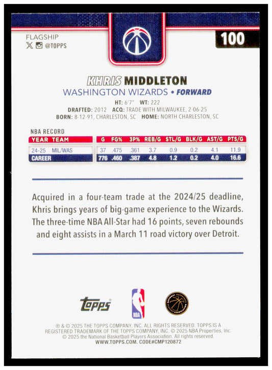 2025-26 Topps Khris Middleton Card Washington Wizards #100